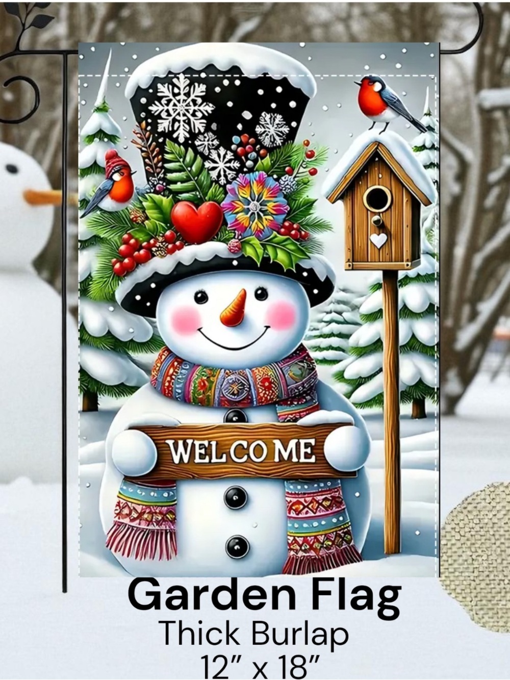 Snowman Welcome Winter Garden Flag, burlap, approximately 12x18 inches